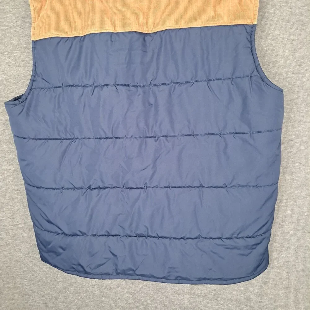 J.Crew Men's Puffer Vest Navy‎ Blue with Brown Corduroy Trim Size XL